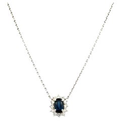 Vintage Oval Sapphire and Diamond Platinum Halo Drop Pendant Necklace
