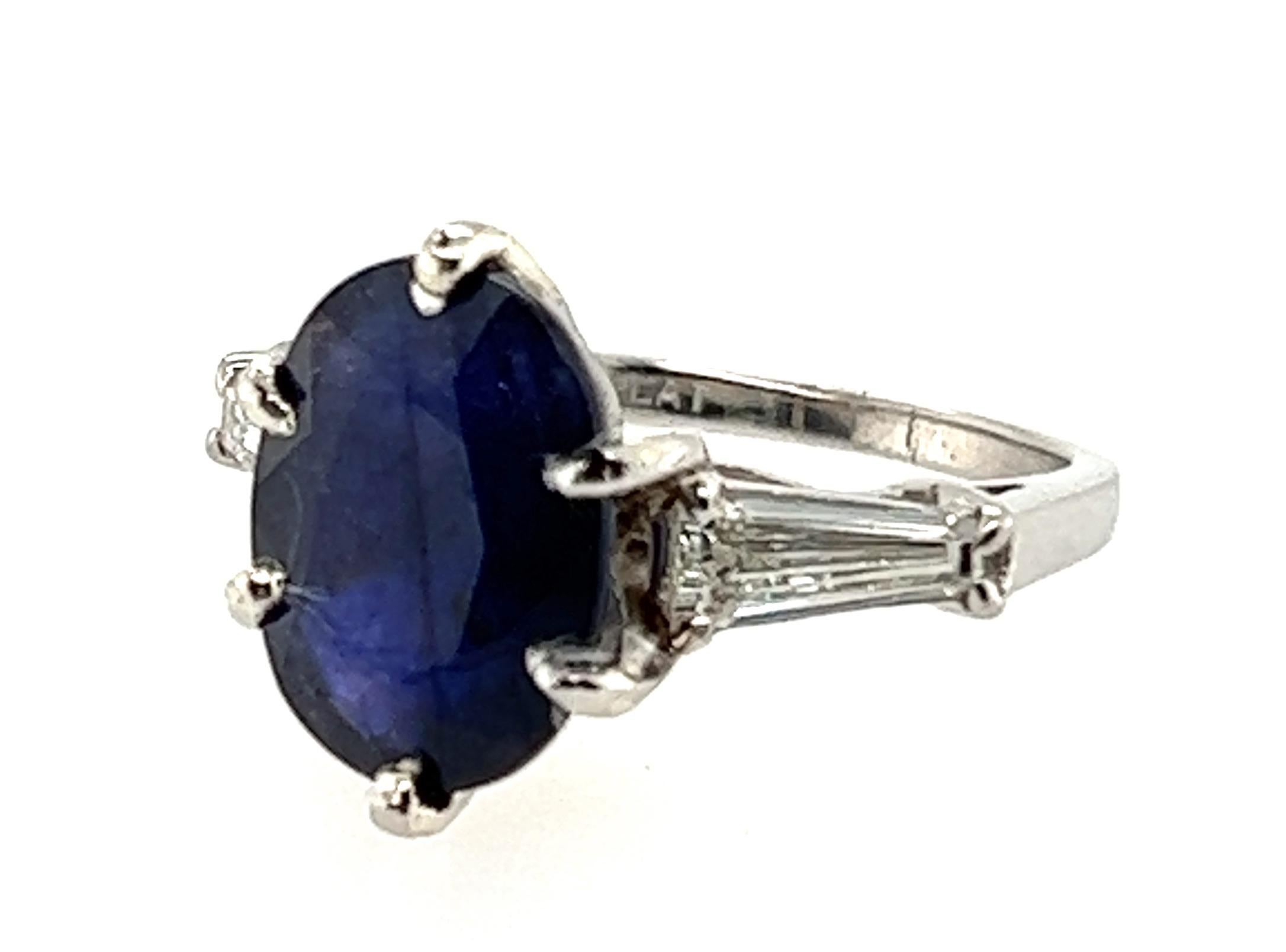 Vintage Oval Sapphire Diamond Ring 5.50ct Original 1940s Art Deco Platinum Anti In Excellent Condition In Dearborn, MI