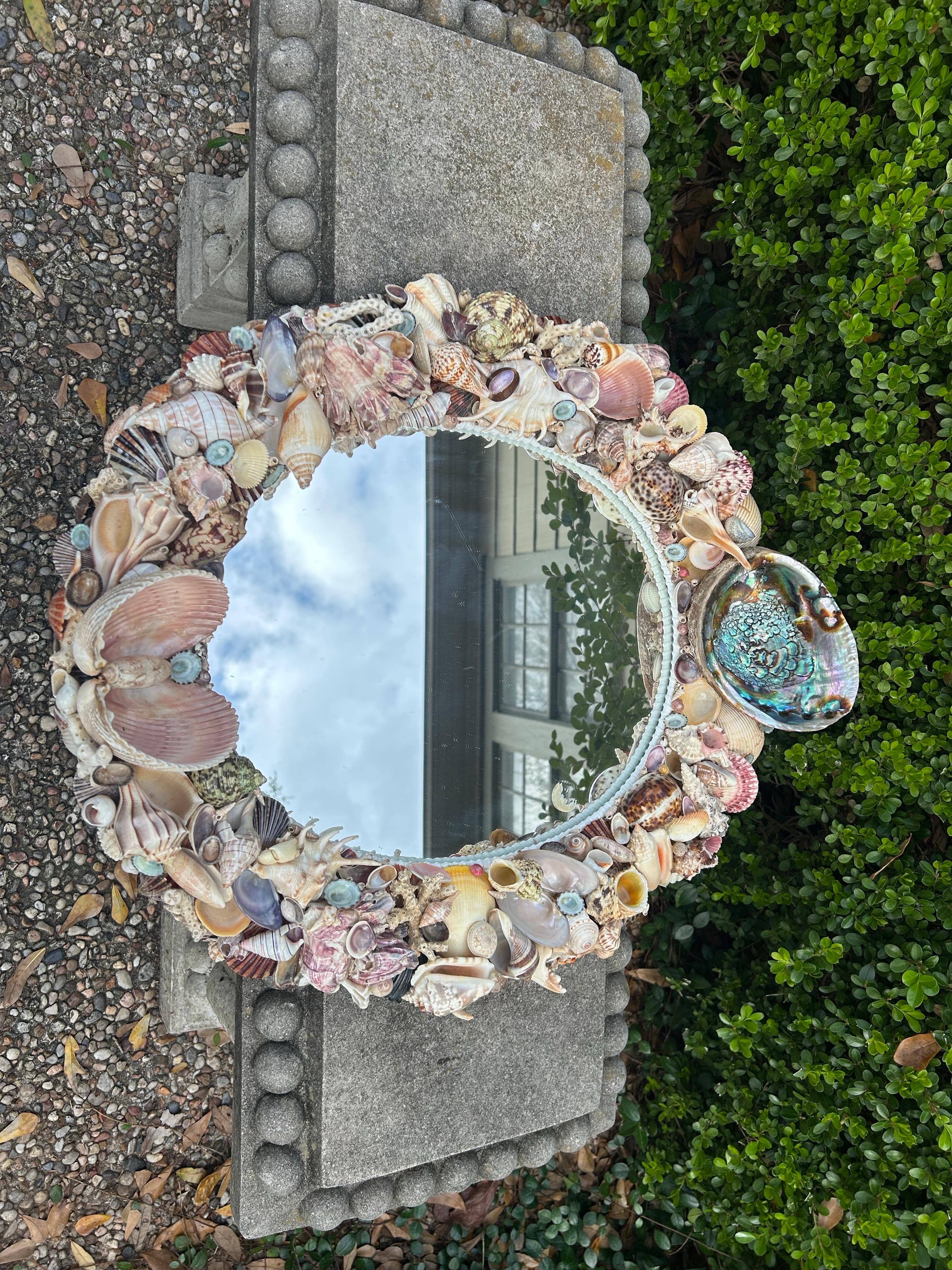 Vintage Oval Seashell Encrusted Mirror For Sale 3