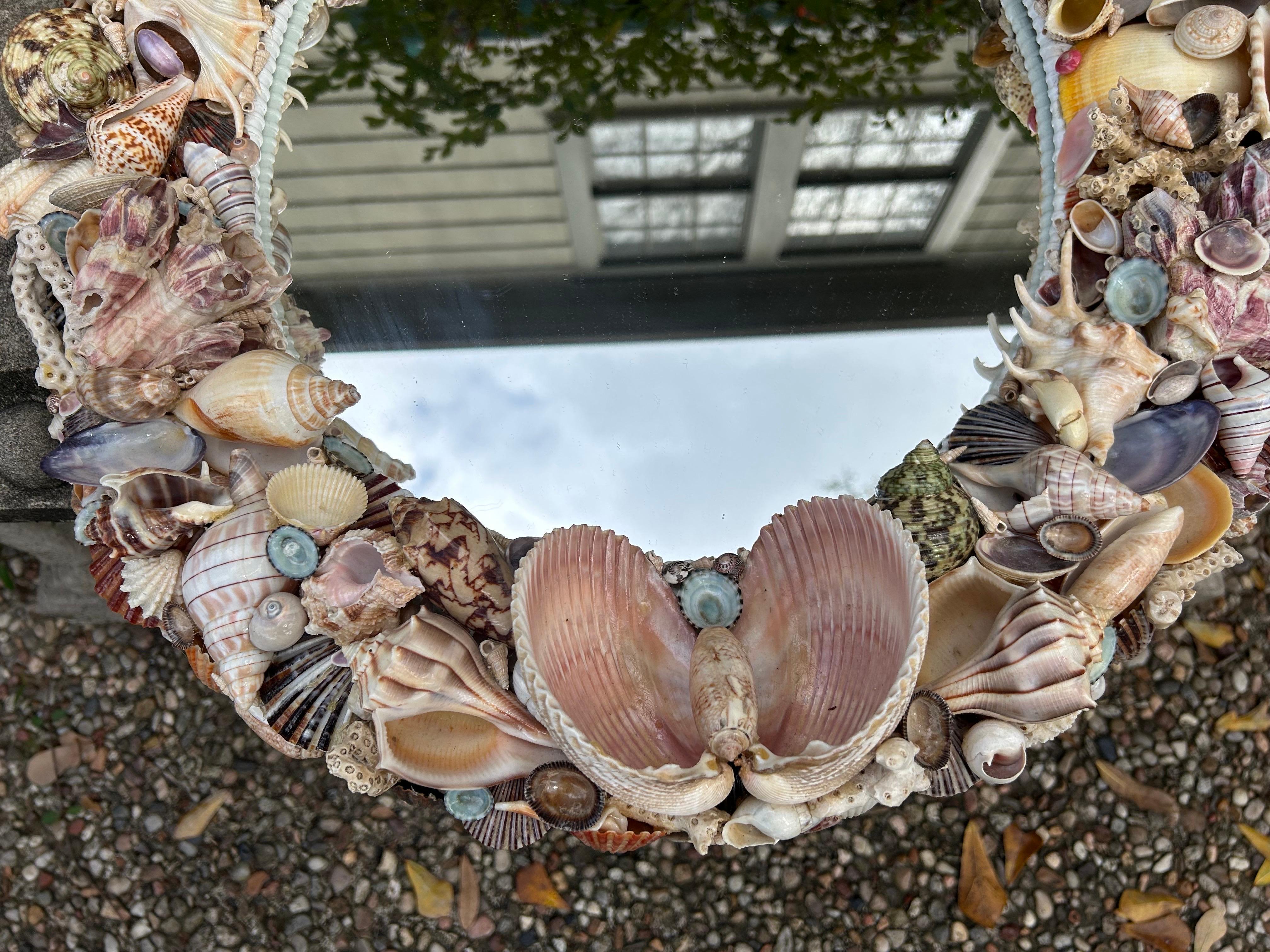 Hollywood Regency Vintage Oval Seashell Encrusted Mirror For Sale