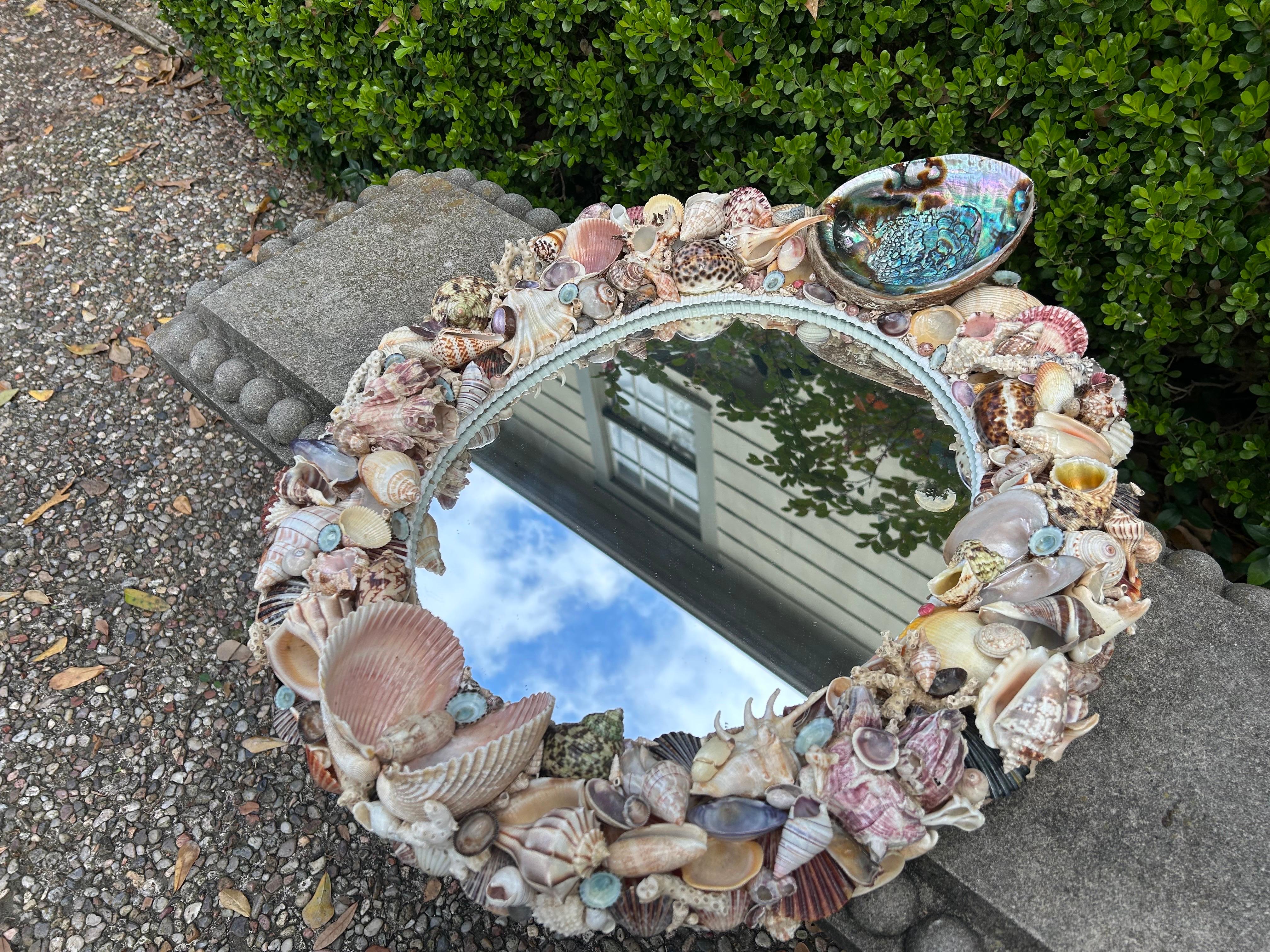 American Vintage Oval Seashell Encrusted Mirror For Sale