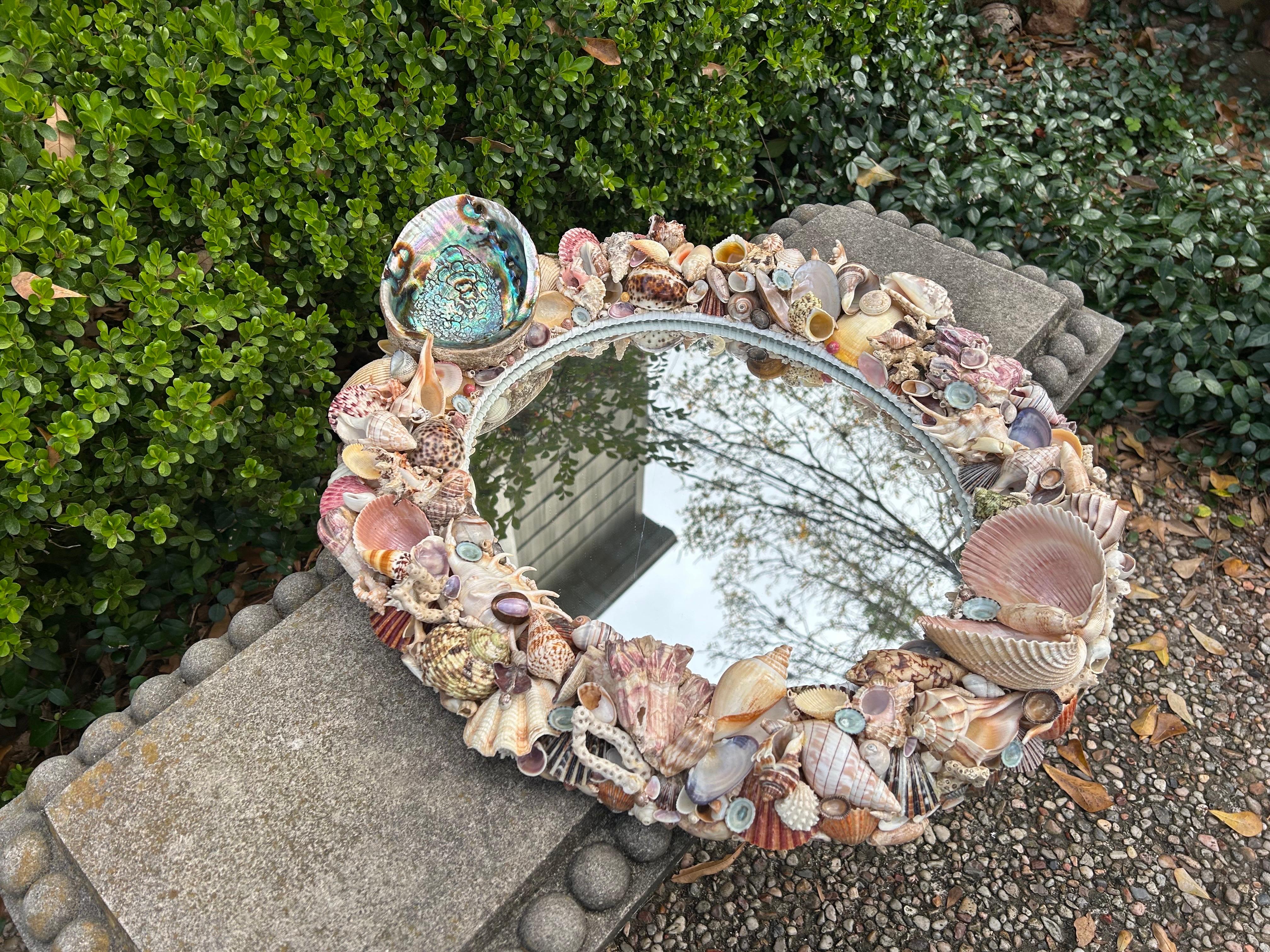 20th Century Vintage Oval Seashell Encrusted Mirror For Sale