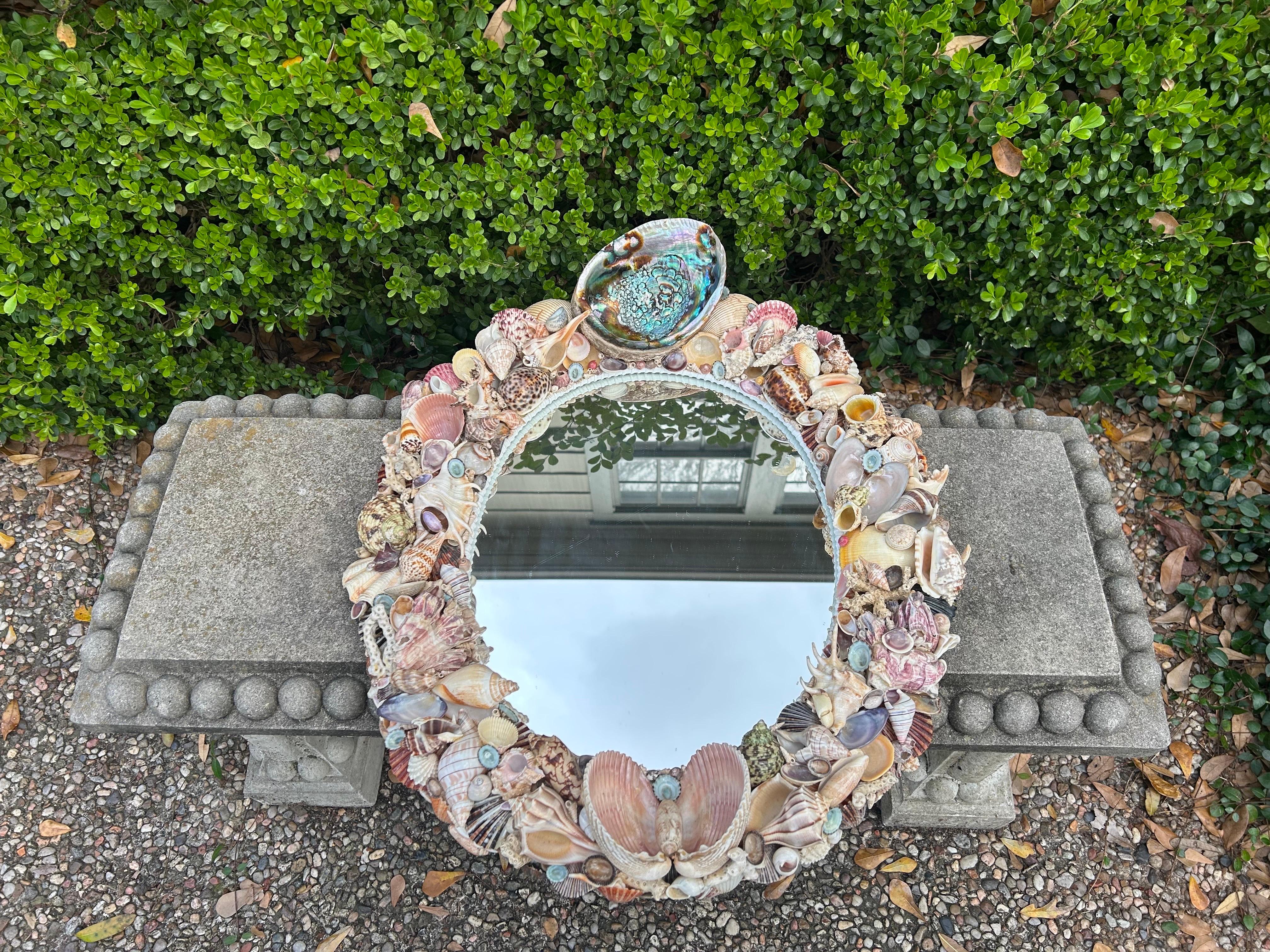Vintage Oval Seashell Encrusted Mirror For Sale 1