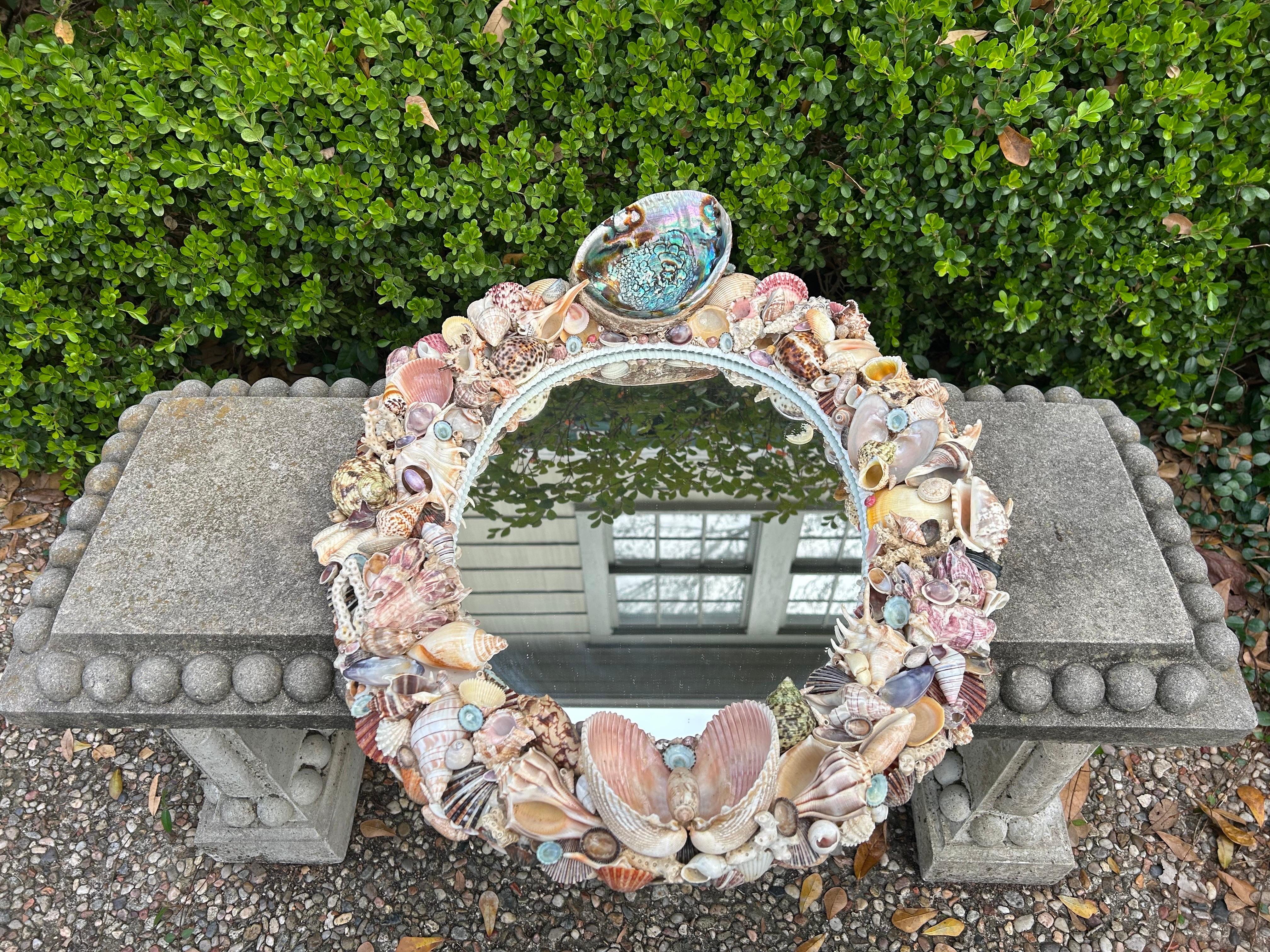 Vintage Oval Seashell Encrusted Mirror For Sale 2