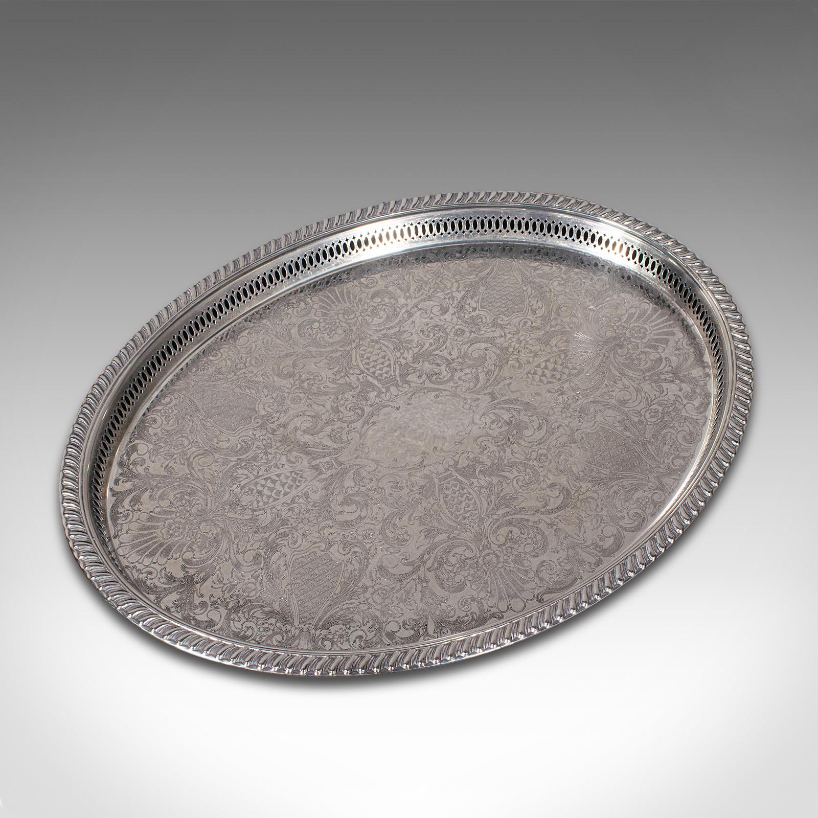 British Vintage Oval Serving Tray, English Silver Plate, Afternoon Tea, Decorative, 1950 For Sale