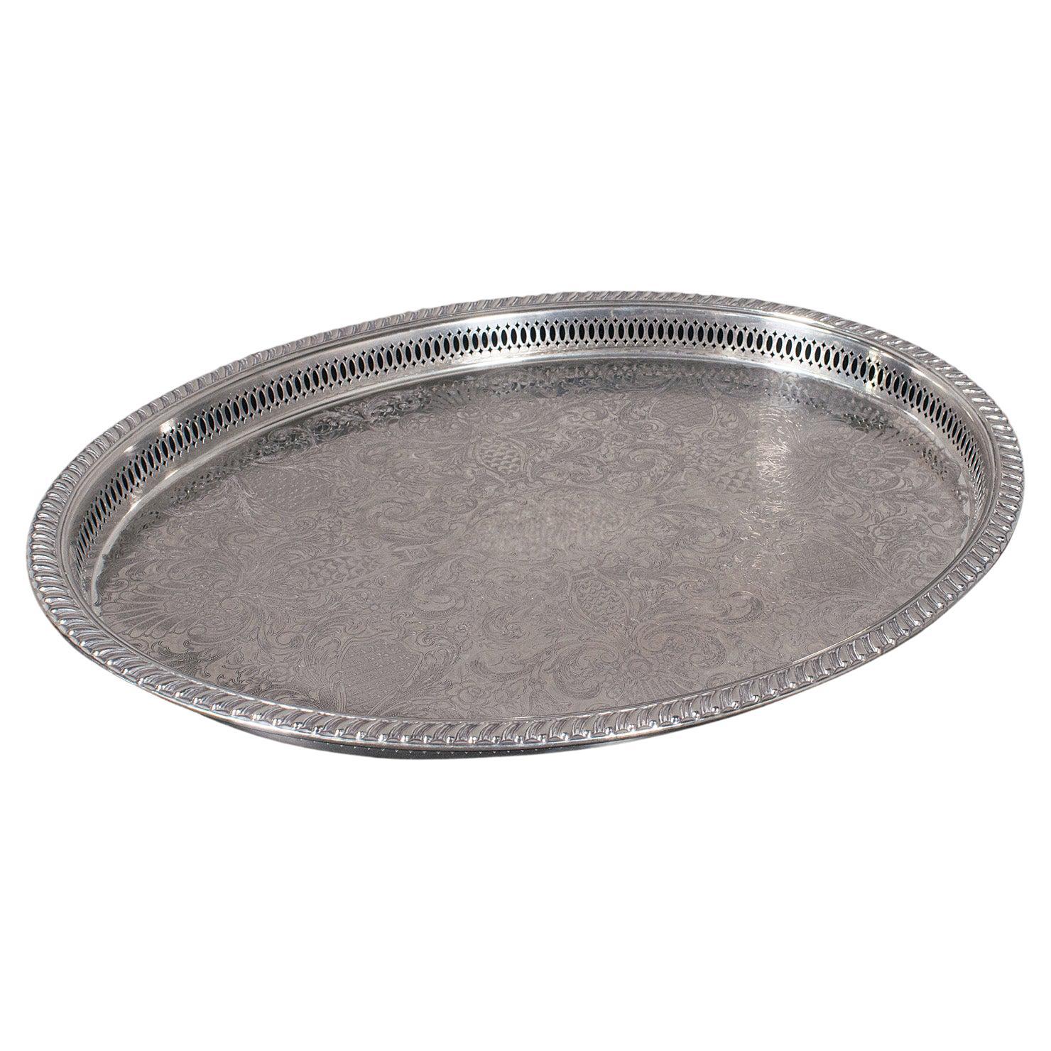 Vintage Oval Serving Tray, English Silver Plate, Afternoon Tea, Decorative, 1950 For Sale