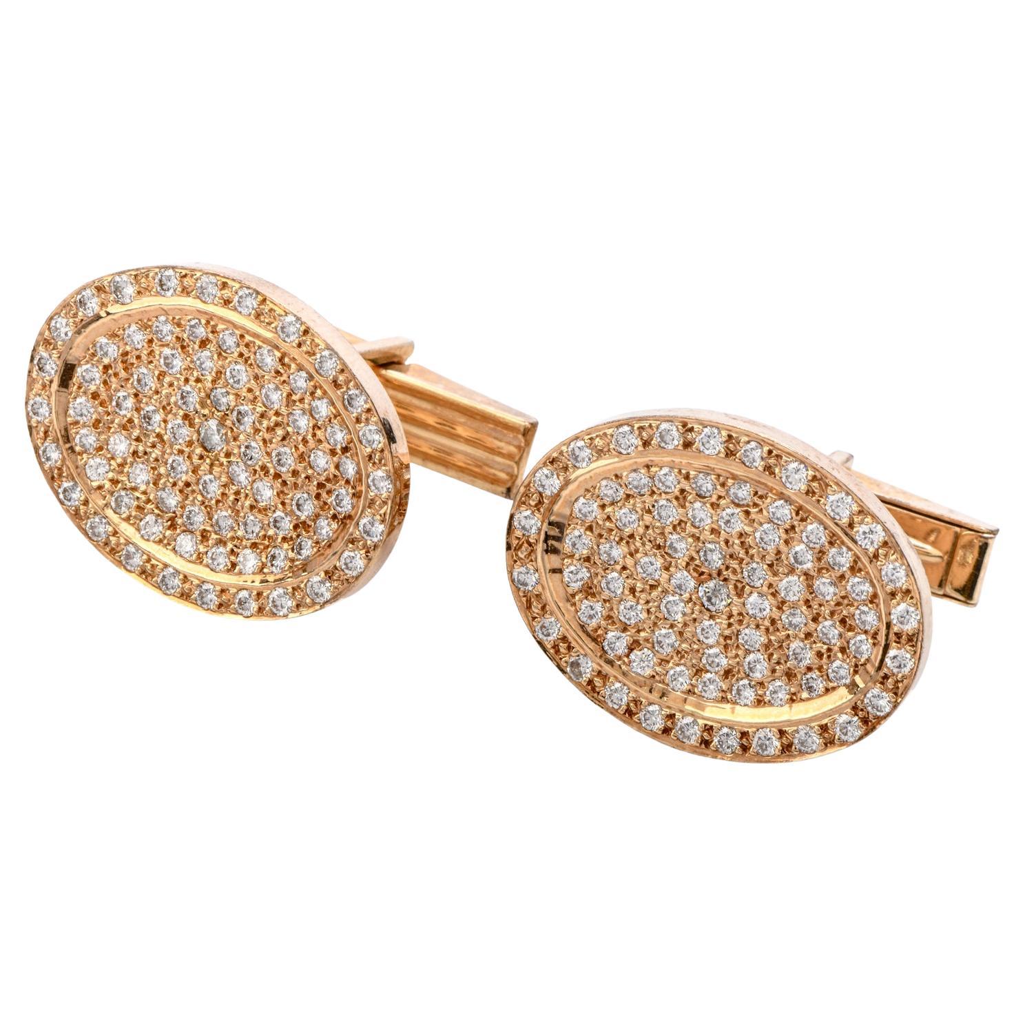 Vintage Oval Shape Cluster Diamond Men’s Gold Cufflinks For Sale