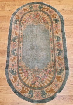 Vintage Oval Art Deco Chinese Area Rug in Pale Green, Tan, Pink