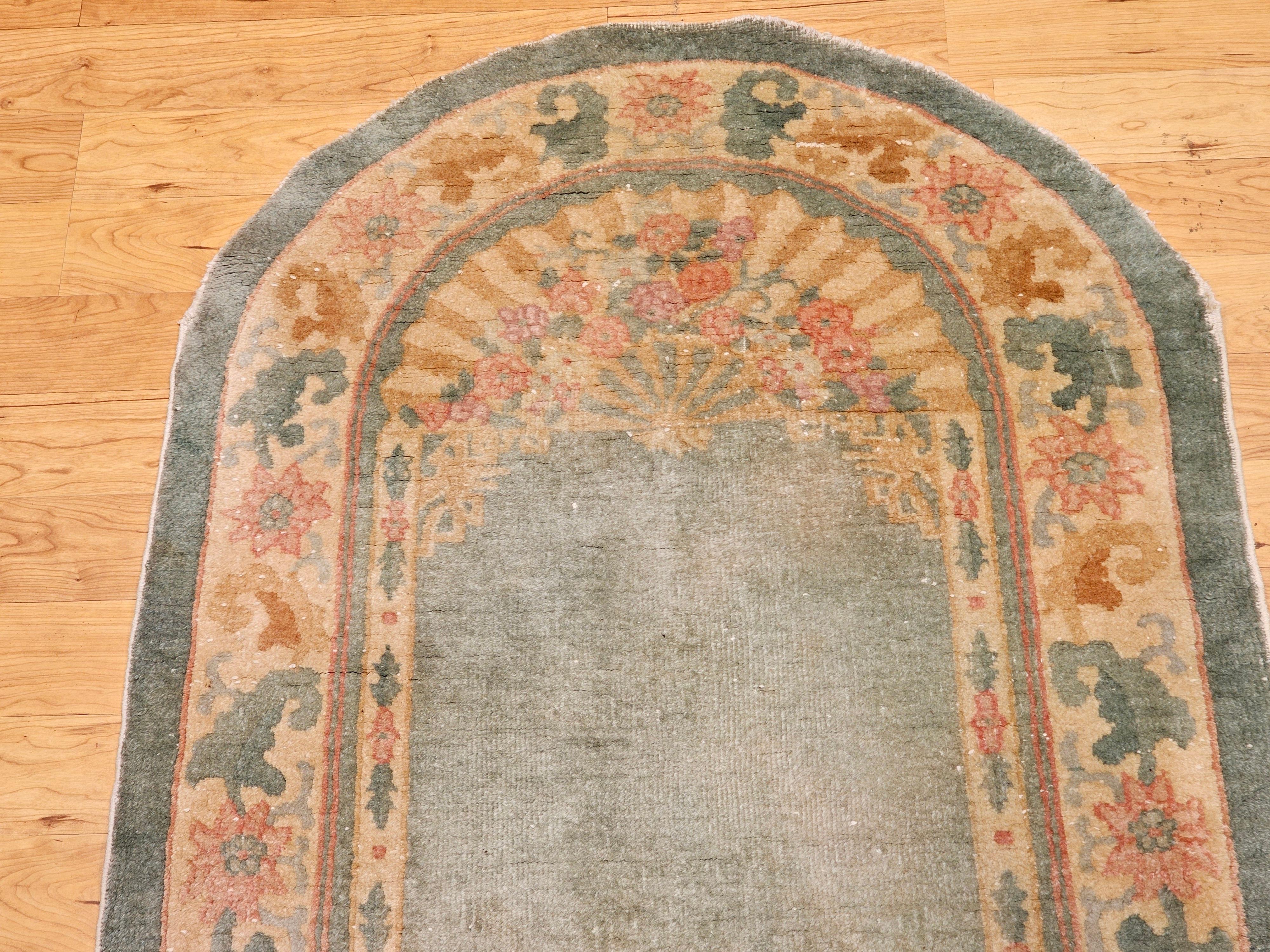 20th Century Vintage Oval Art Deco Chinese Rug in Pale Green Field with Tan Border For Sale