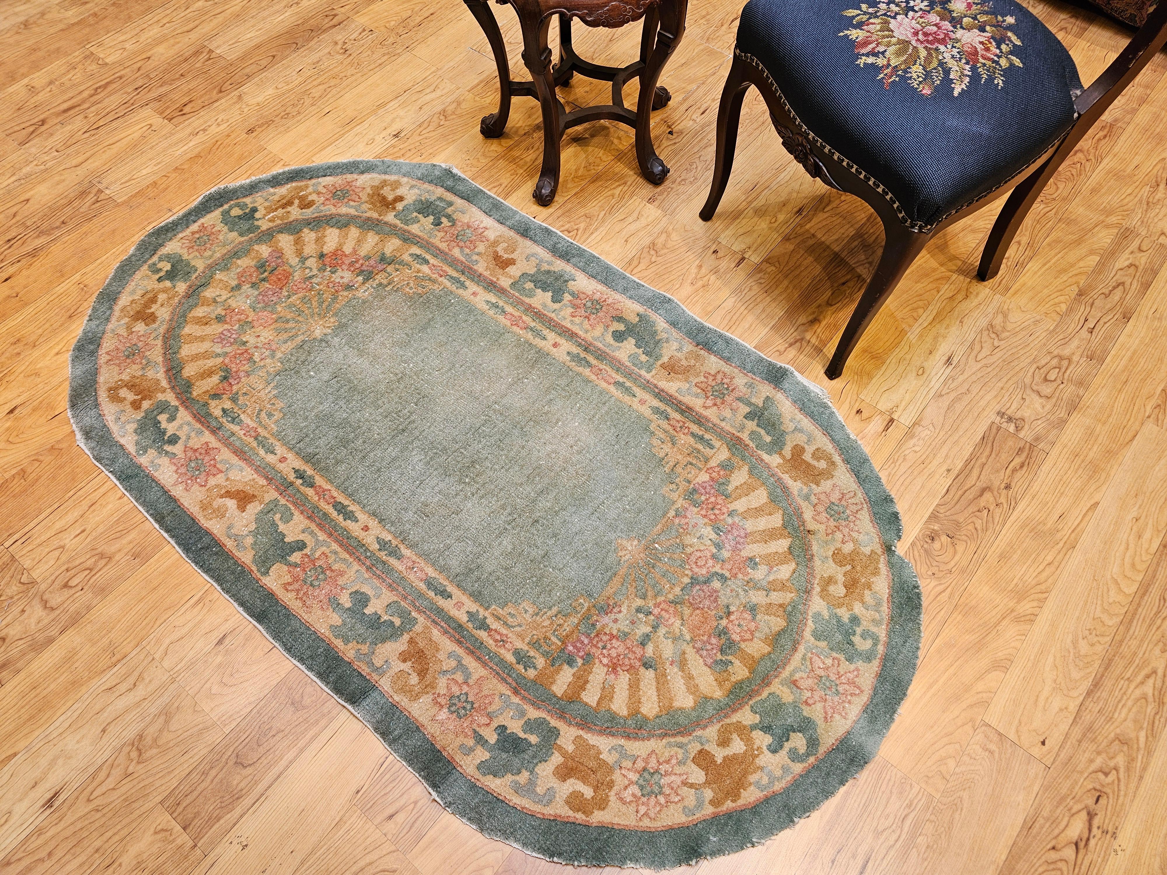 Vintage Oval Art Deco Chinese Rug in Pale Green Field with Tan Border For Sale 2