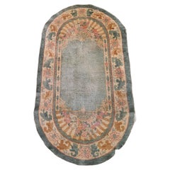 Vintage Oval Shaped Art Deco Chinese Rug in Green, Tan, Pink