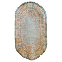 Vintage Oval Shaped Art Deco Chinese Rug in Green, Tan, Pink