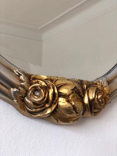 Vintage Oval Silver Bevelled Mirror with Golden Roses