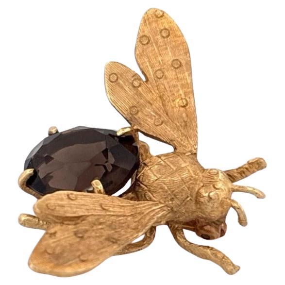 Broche Abeja Vintage Ovalado Cuarzo Ahumado 4ct Acabado Florentino Oro 14K