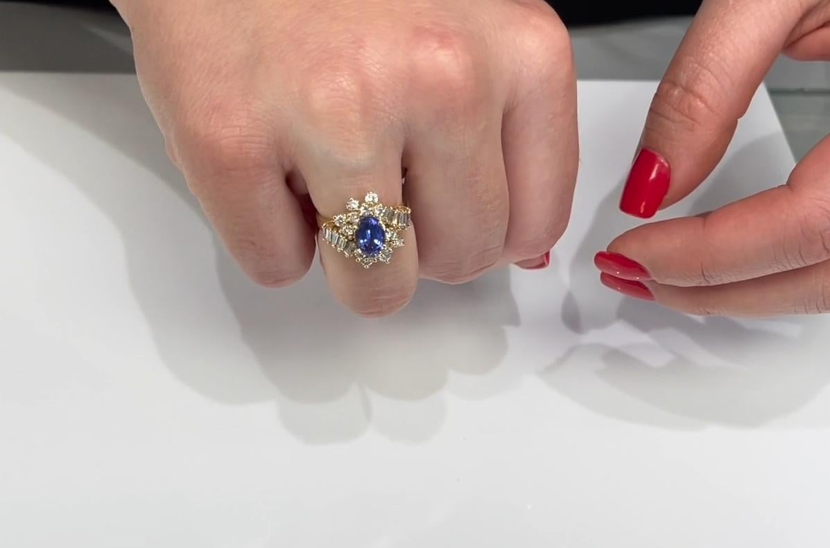 Ovaler Tansanit-Ring im Vintage-Stil mit runden und Baguette-Diamanten aus 14 Karat Gold im Angebot 2