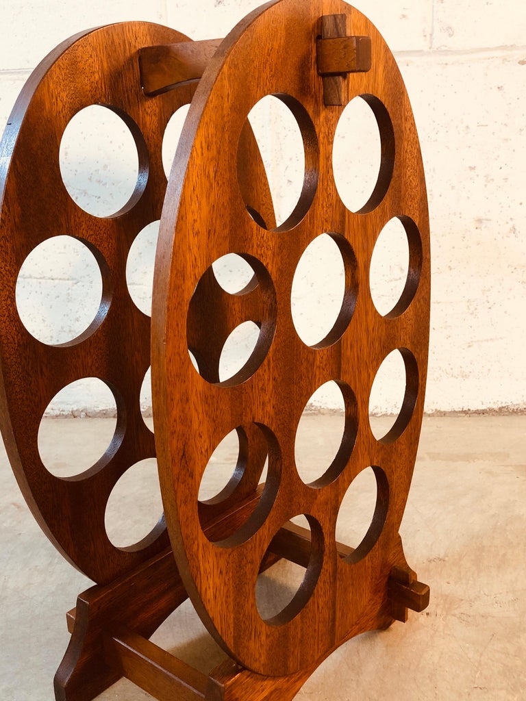 Vintage Oval Teak Wood Wine Bottle Holder For Sale at 1stDibs