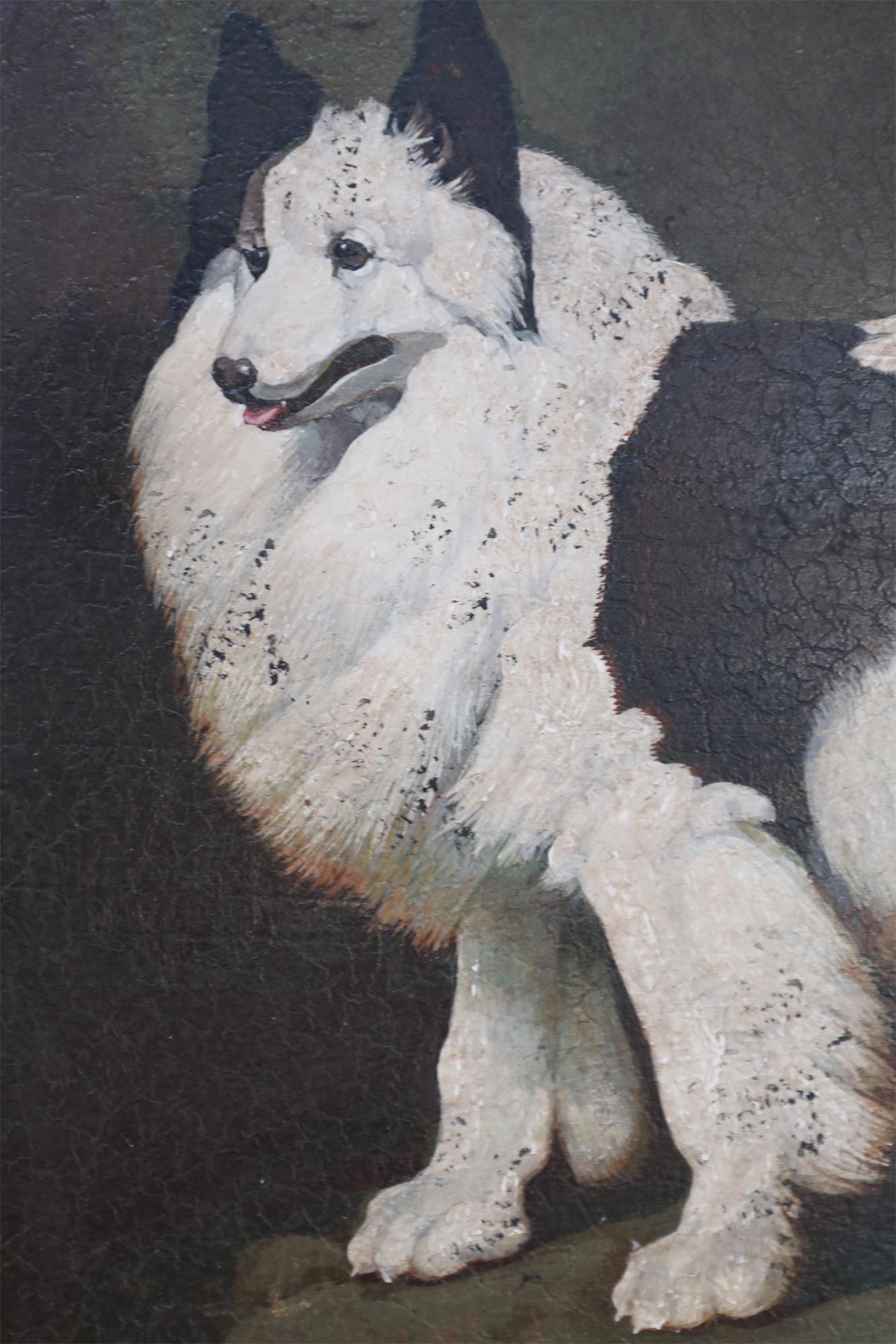 Regency Vintage Oval Tole Fluffy Black and White Dog Portrait Serving Tray For Sale