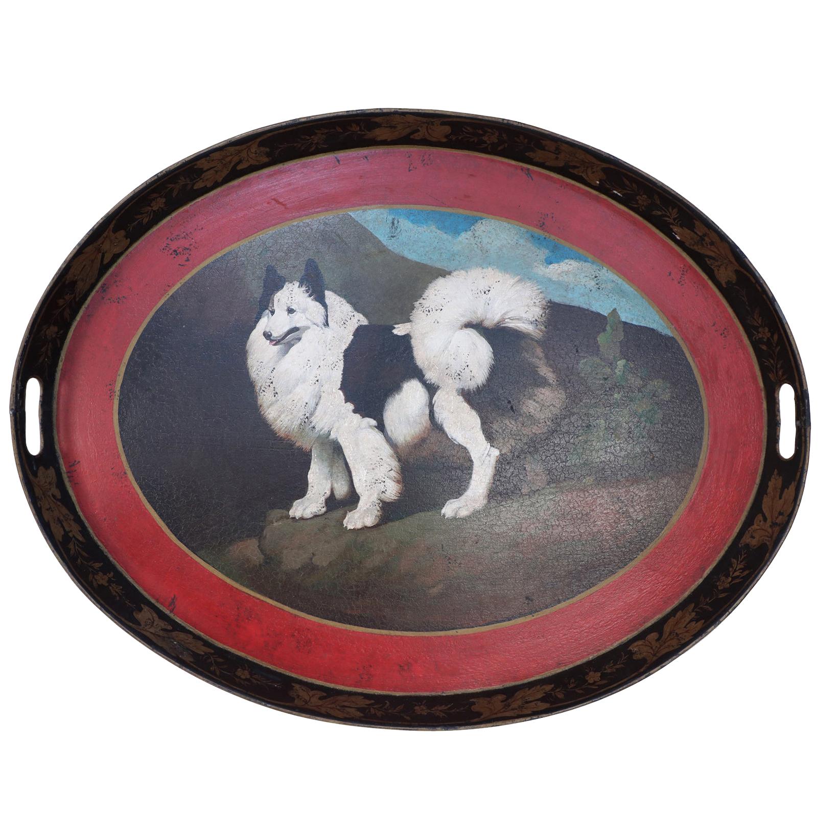 Vintage Oval Tole Fluffy Black and White Dog Portrait Serving Tray For Sale