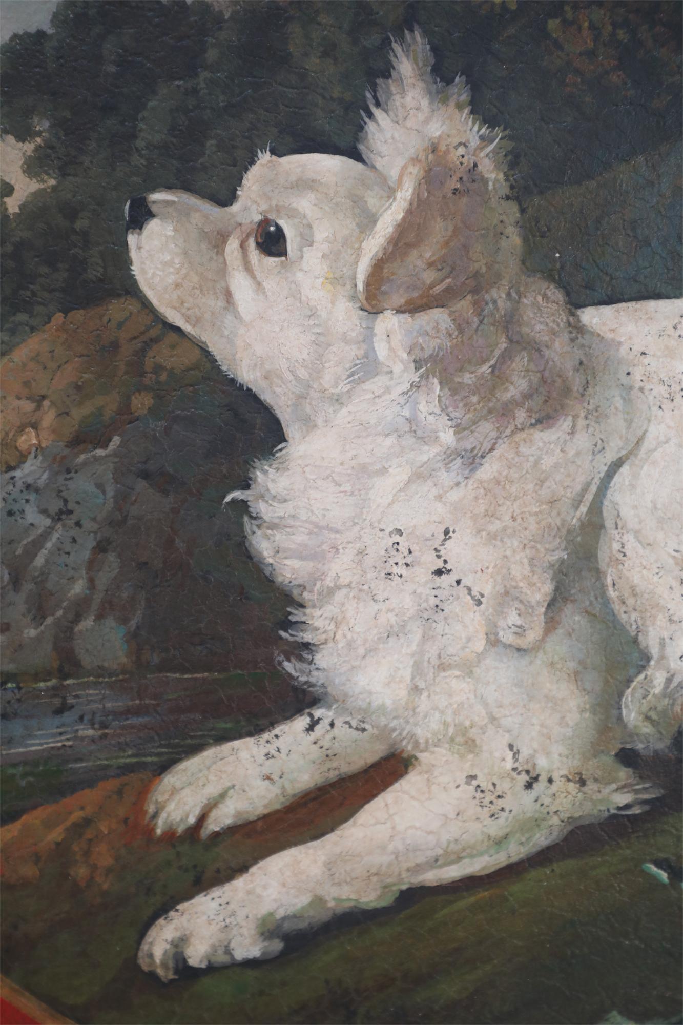 Regency Vintage Oval Tole Fluffy White Dog Portrait Serving Tray For Sale