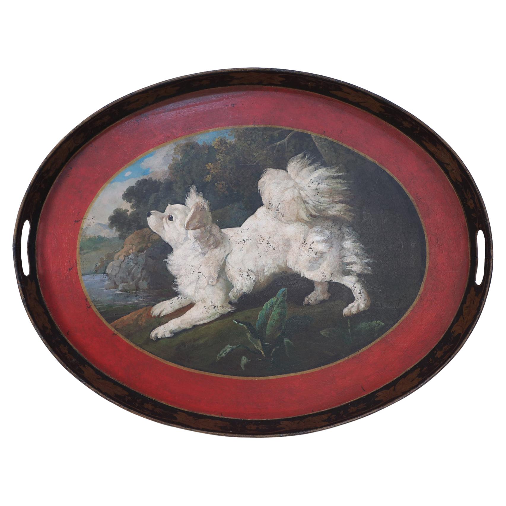 Vintage Oval Tole Fluffy White Dog Portrait Serving Tray For Sale