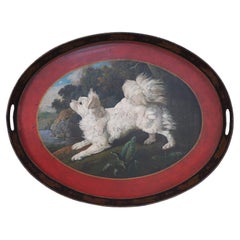 Vintage Oval Tole Fluffy White Dog Portrait Serving Tray