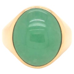 Vintage Oval Translucent Green Jade Pinky Ring in 14k Yellow Gold