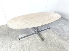 Vintage oval travertine and chrome dining table, 1970s