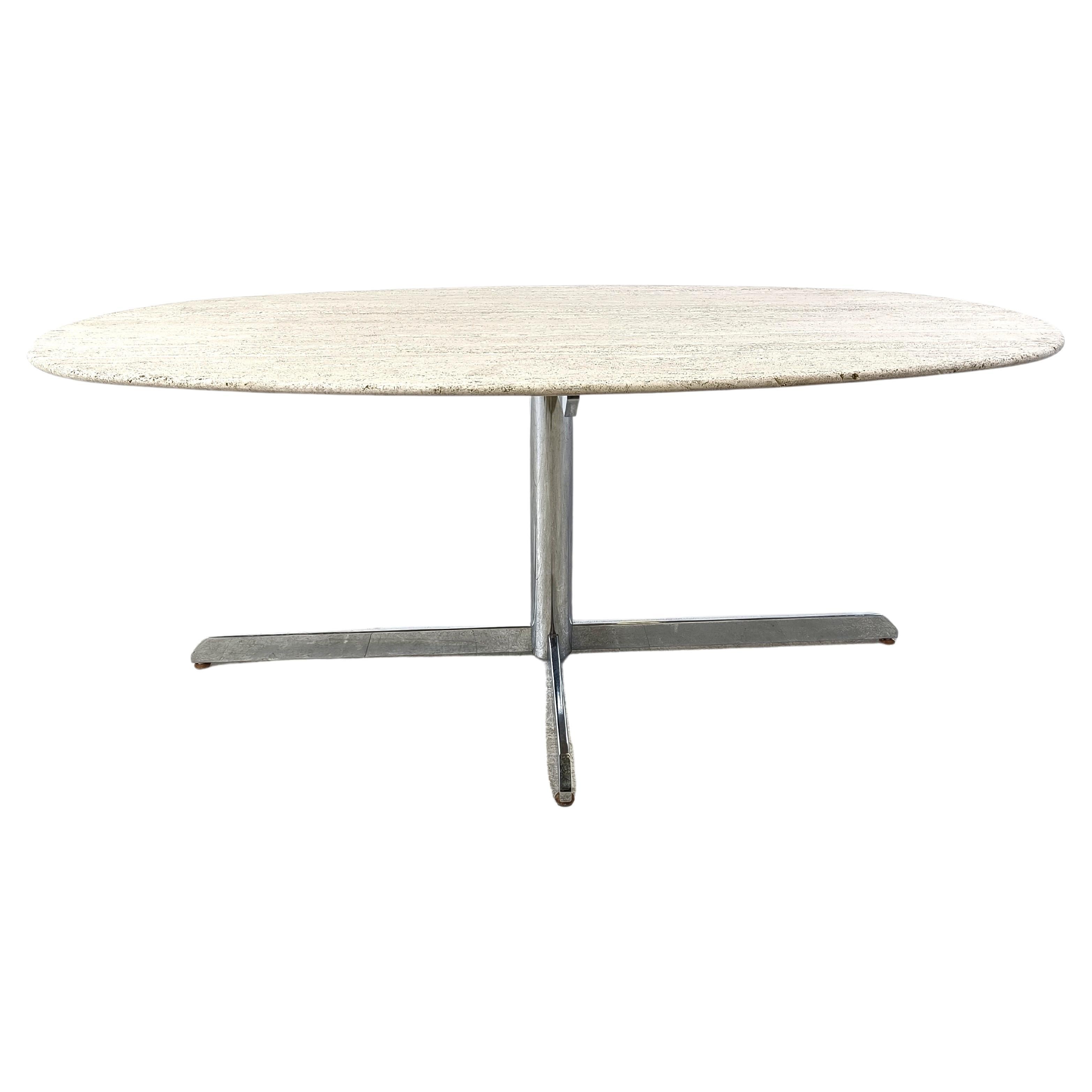 Vintage oval travertine and chrome dining table, 1970s