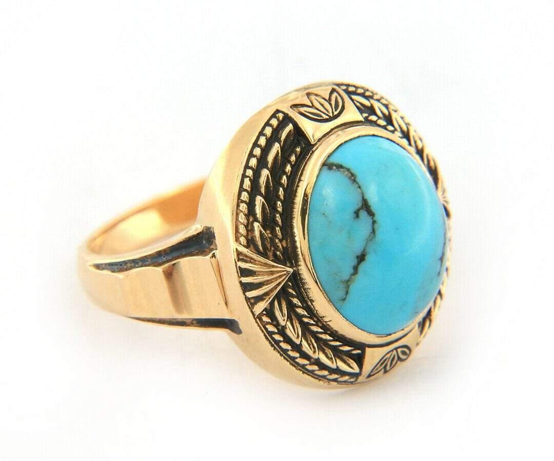 Vintage Oval Turquoise Ring in 14K

Vintage Oval Turquoise Ring
14K Yellow Gold
Turquoise Dimensions: Approx. 9.5 X 11.5 MM
Band Width: Approx. 2.7 MM
Ring Size: 6.25 (US)
Weight: Approx. 9.80 Grams
Stamped:14K©JOSTENS

Condition:
Offered for your
