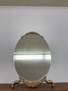 Vintage Oval Vanity Mirror with Hand-Painted Floral Frame and Easel back