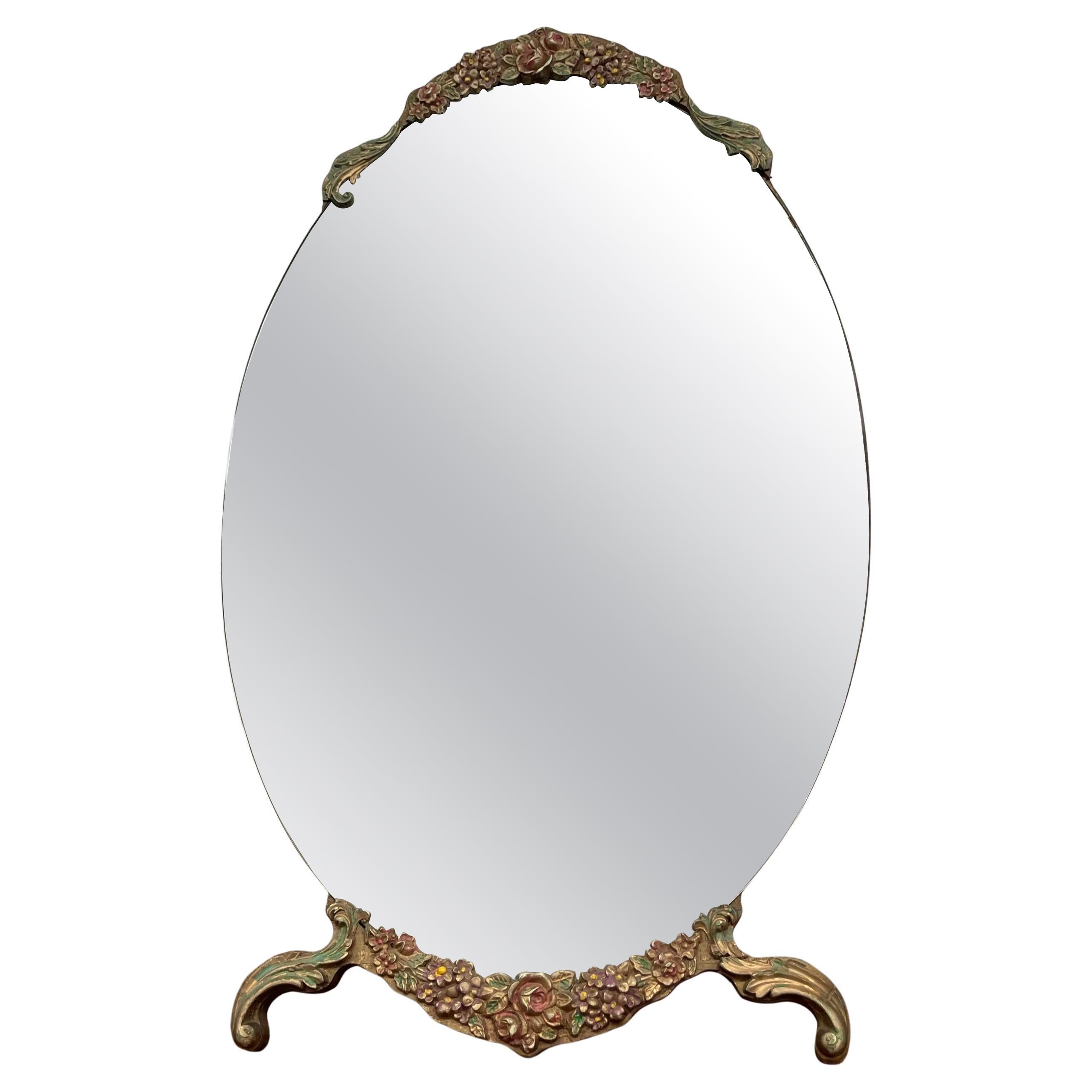 Vintage Oval Vanity Mirror with Hand-Painted Floral Frame and Easel back
