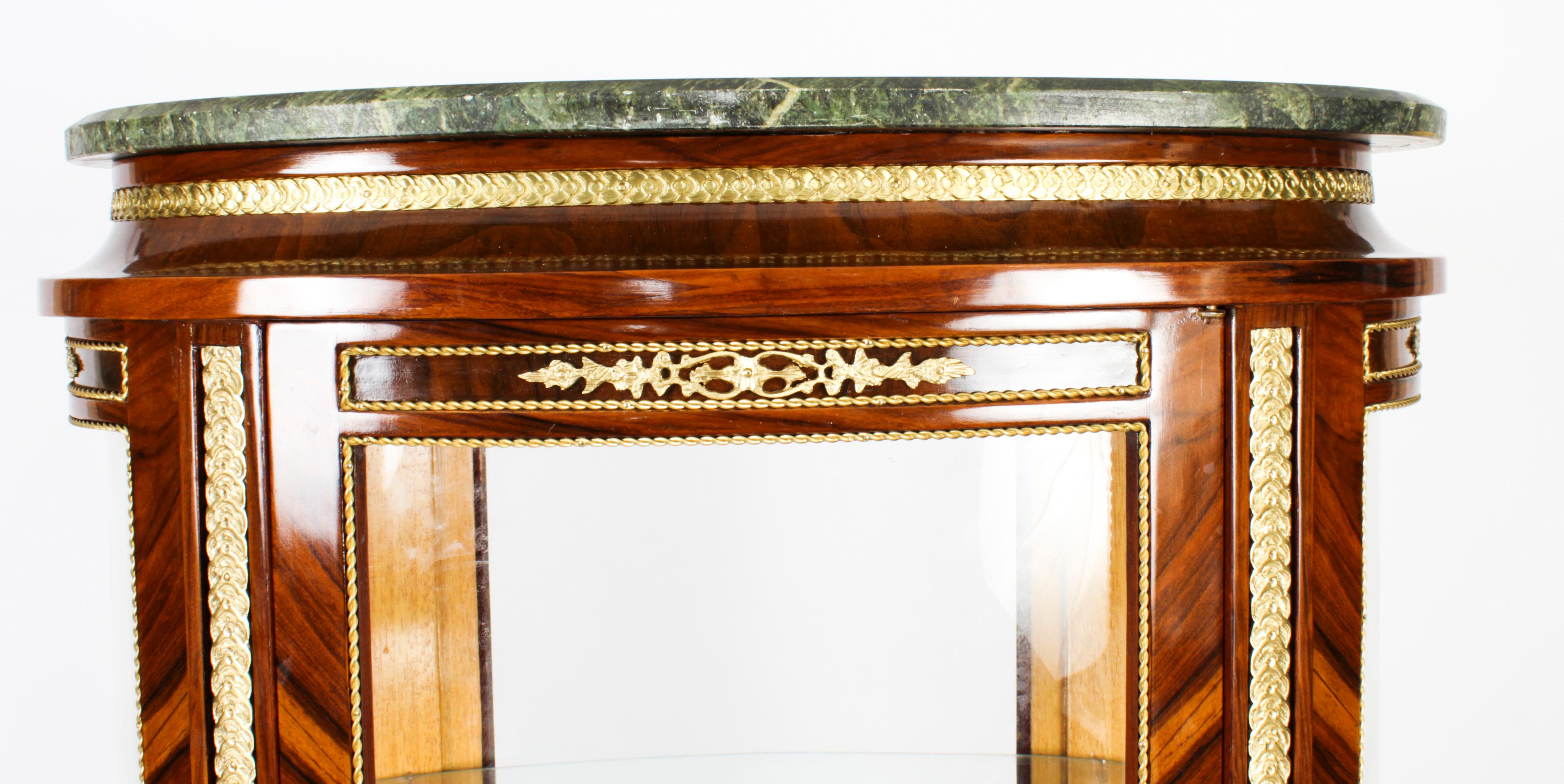 English Vintage Oval Walnut & Ormolu Mounted Marble Topped Display Cabinet 20th Century For Sale