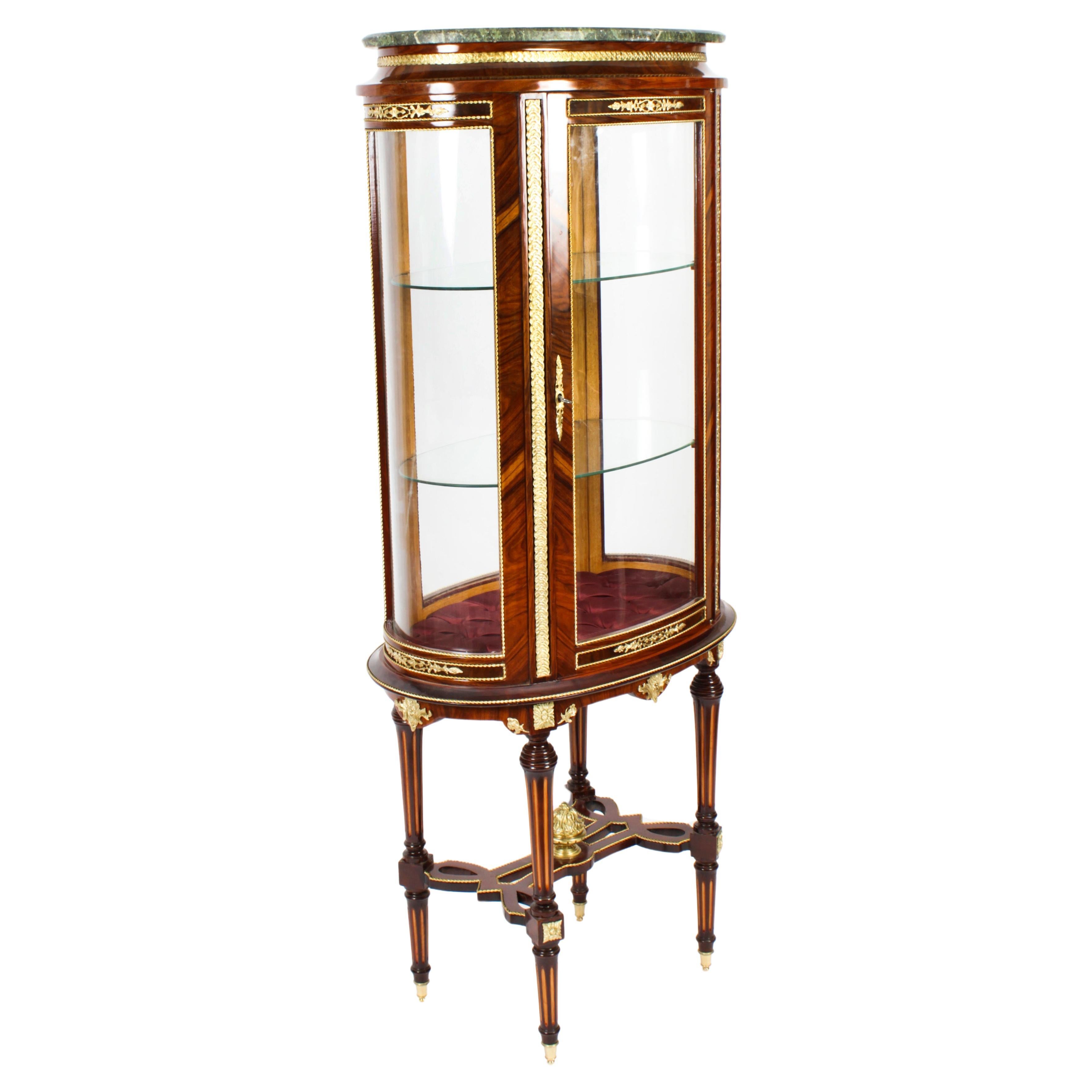 Vintage Oval Walnut & Ormolu Mounted Marble Topped Display Cabinet 20th Century For Sale