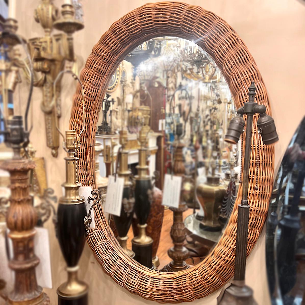 Vintage Oval Wicker Mirror For Sale 2