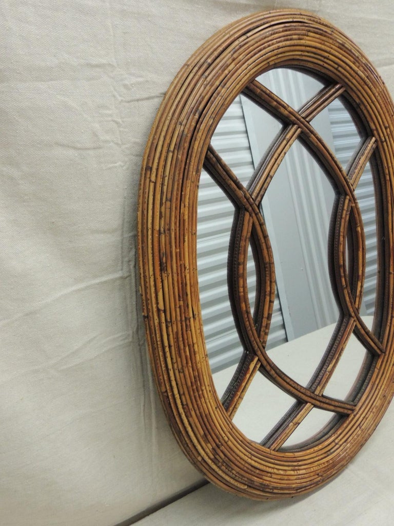 Vintage Oval Woven Bamboo and Rattan Decorative Wall Mirror For Sale at