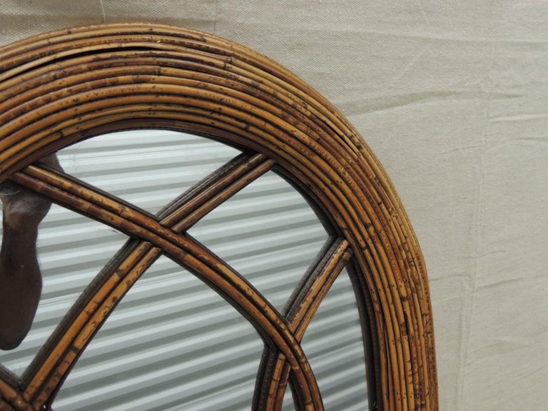 Vintage Oval Woven Bamboo and Rattan Decorative Wall Mirror For Sale at