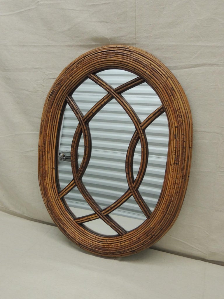 Vintage Oval Woven Bamboo and Rattan Decorative Wall Mirror For Sale at