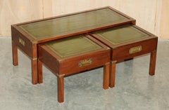 ViNTAGE OVER RESTORED GREEN LEATHER MILITARY CAMPAIGN NEST OF COFFEE SIDE TABLES