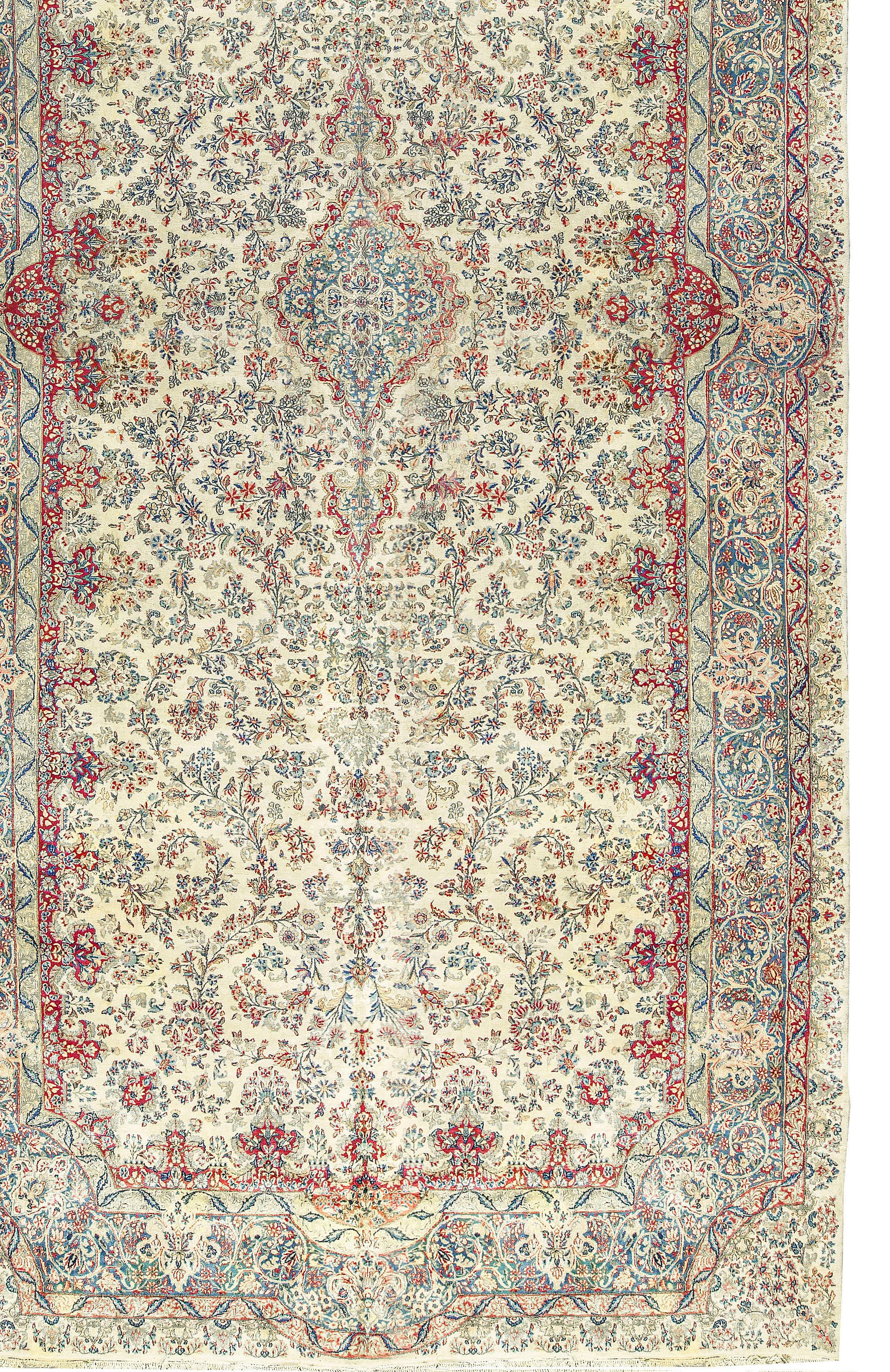 Hand-Woven Vintage Over Size Ivory Fine Persian Kirman Gallery Rug, circa 1930 11'7 x 25' For Sale