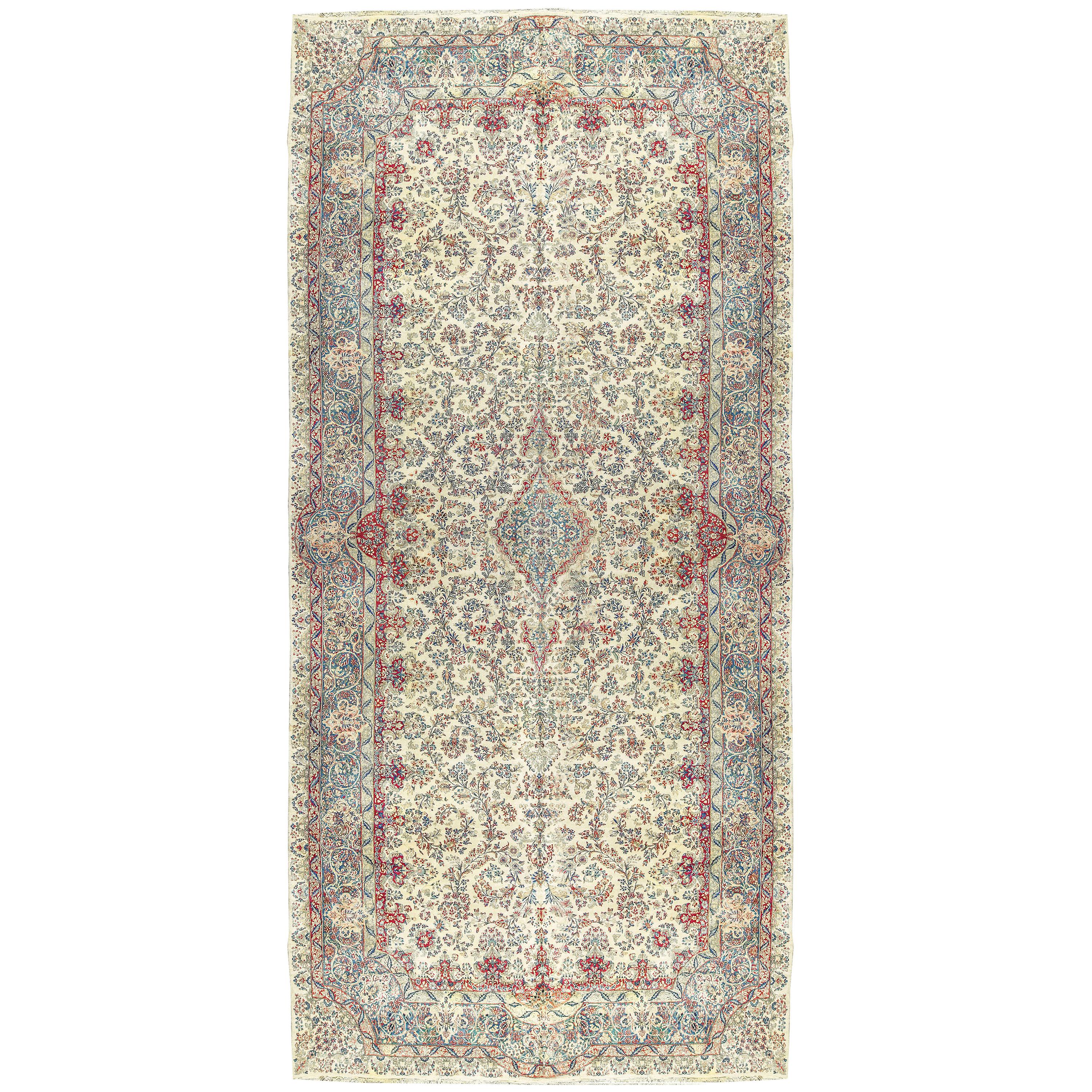 Vintage Over Size Ivory Fine Persian Kirman Gallery Rug, circa 1930 11'7 x 25' For Sale