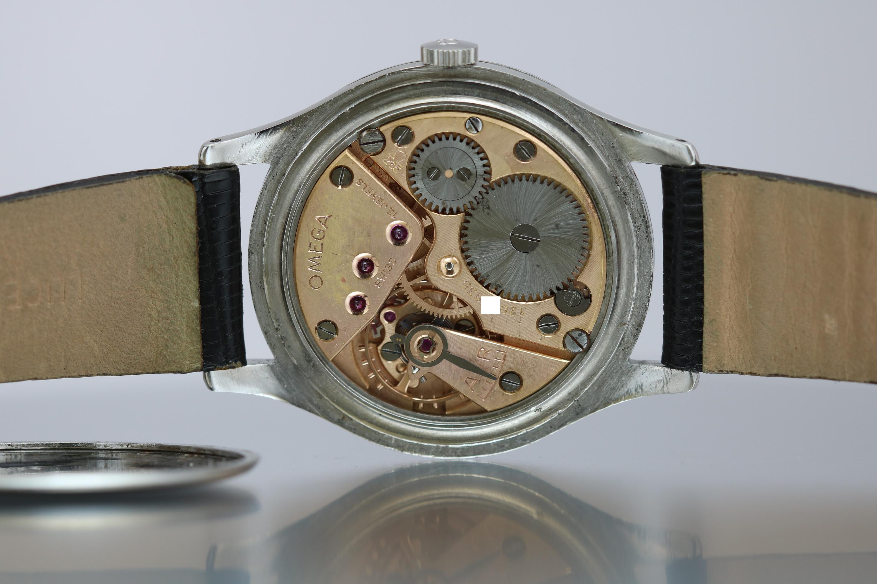 Vintage Over-Sized Omega wristwatch in stainless steel with a caliber 265 manual wind movement. 38mm circa 1950