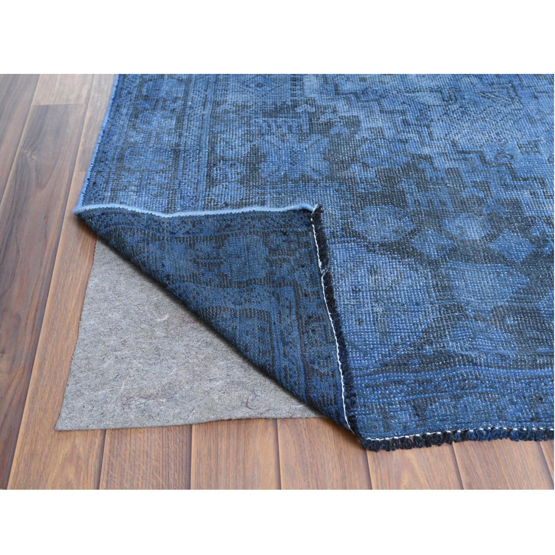 Medieval Vintage Overdyed Blue Cast Persian Qashqai with Serrated Medallion Worn Wool Rug
