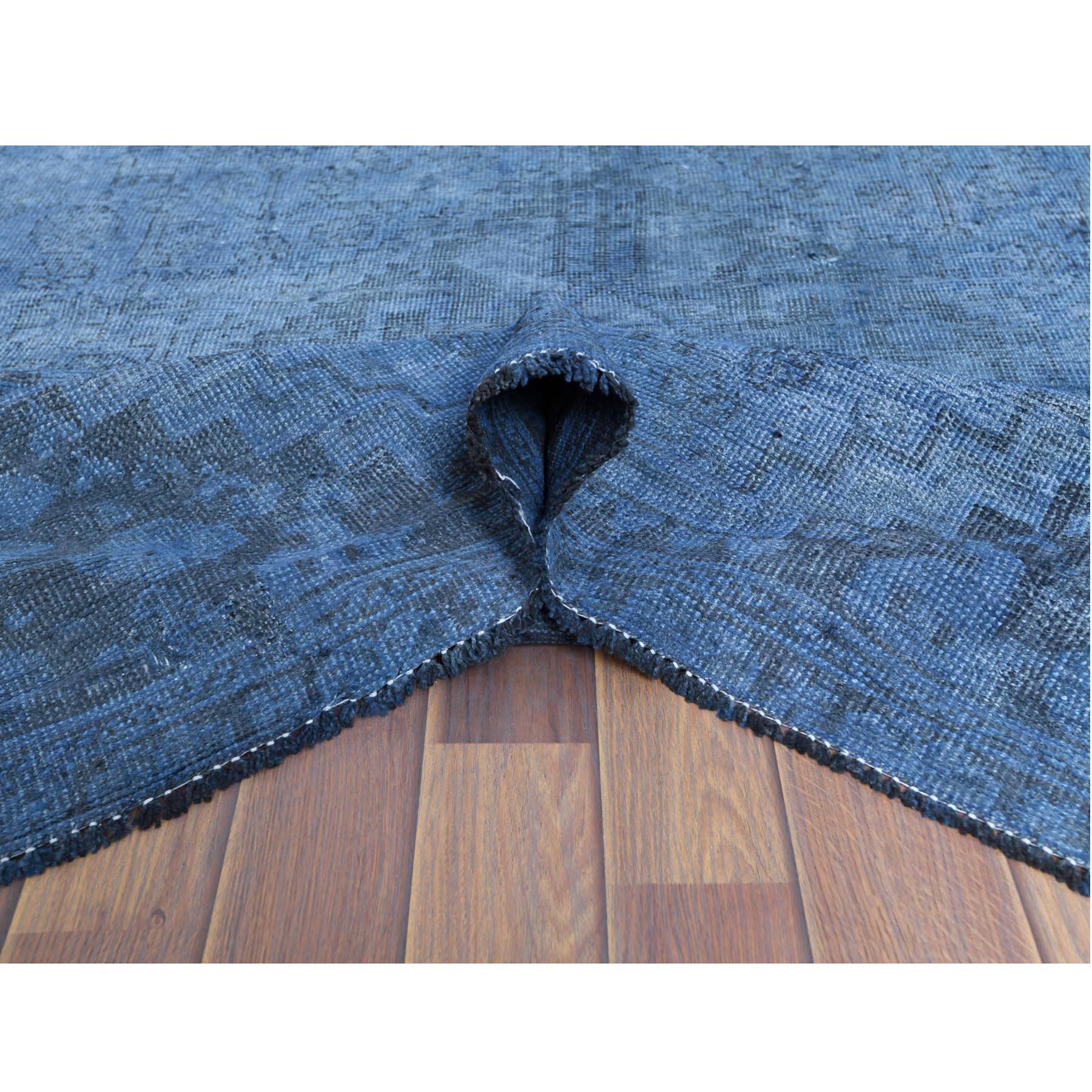 Hand-Knotted Vintage Overdyed Blue Cast Persian Qashqai with Serrated Medallion Worn Wool Rug