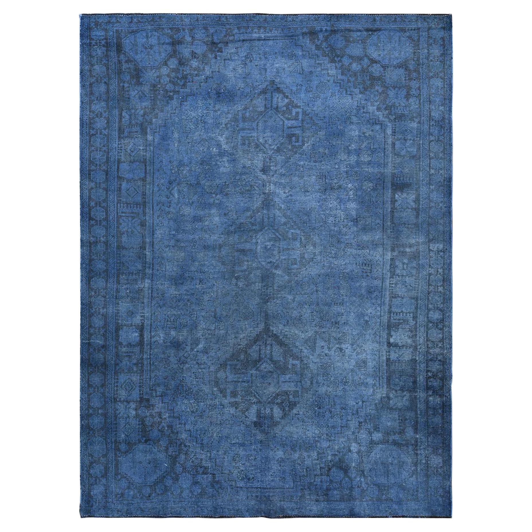 Vintage Overdyed Blue Cast Persian Qashqai with Serrated Medallion Worn Wool Rug