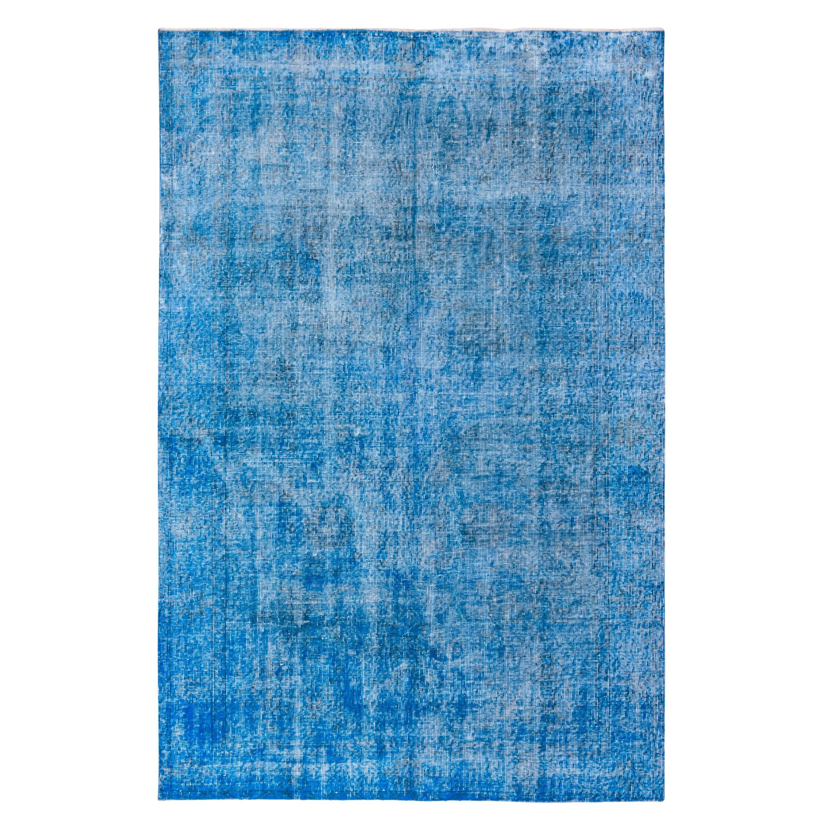 Vintage Overdyed Blue Rug, Shabby Chic, Bright Colored