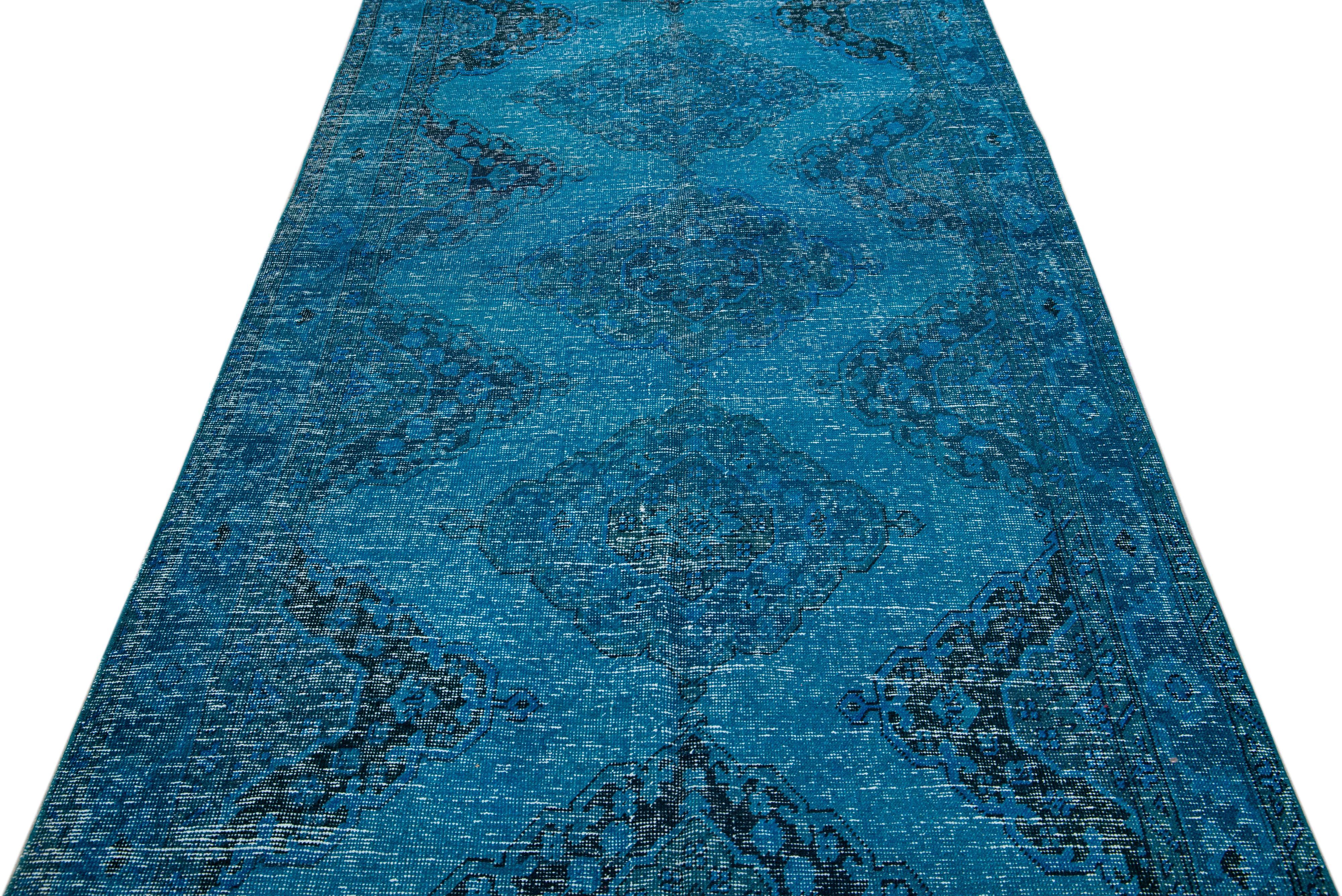 Mid-Century Modern Vintage Overdyed Handmade Teal Wool Runner with Tribal Design For Sale