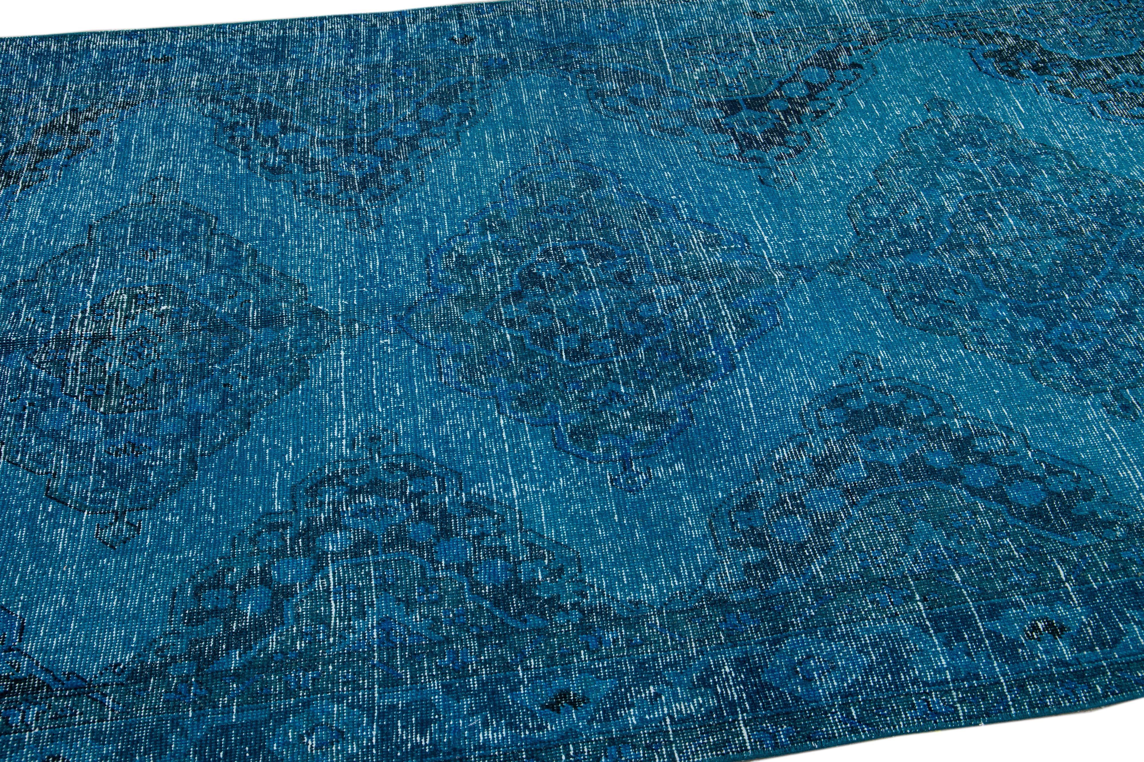 19th Century Vintage Overdyed Handmade Teal Wool Runner with Tribal Design For Sale