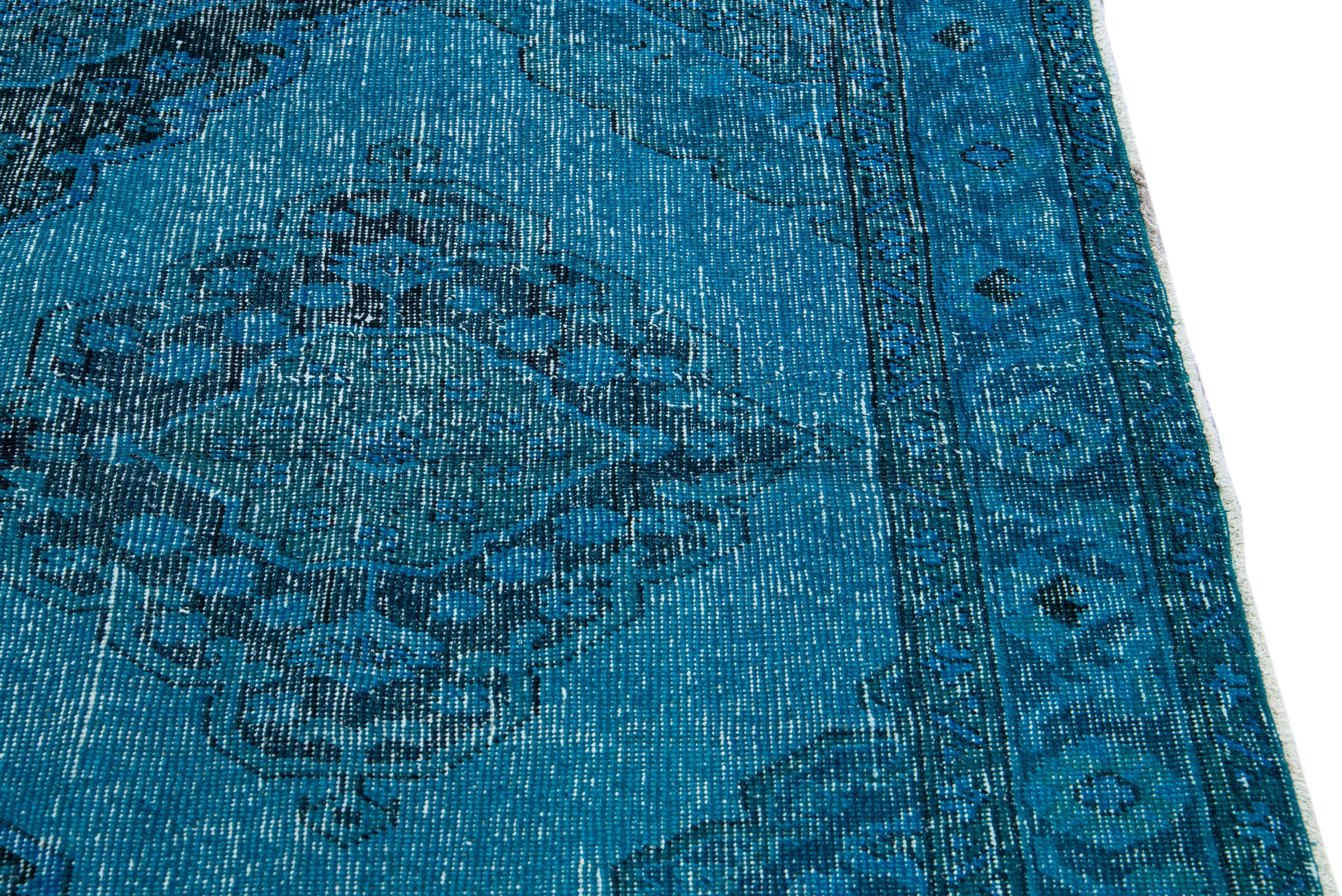 Vintage Overdyed Handmade Teal Wool Runner with Tribal Design For Sale 1