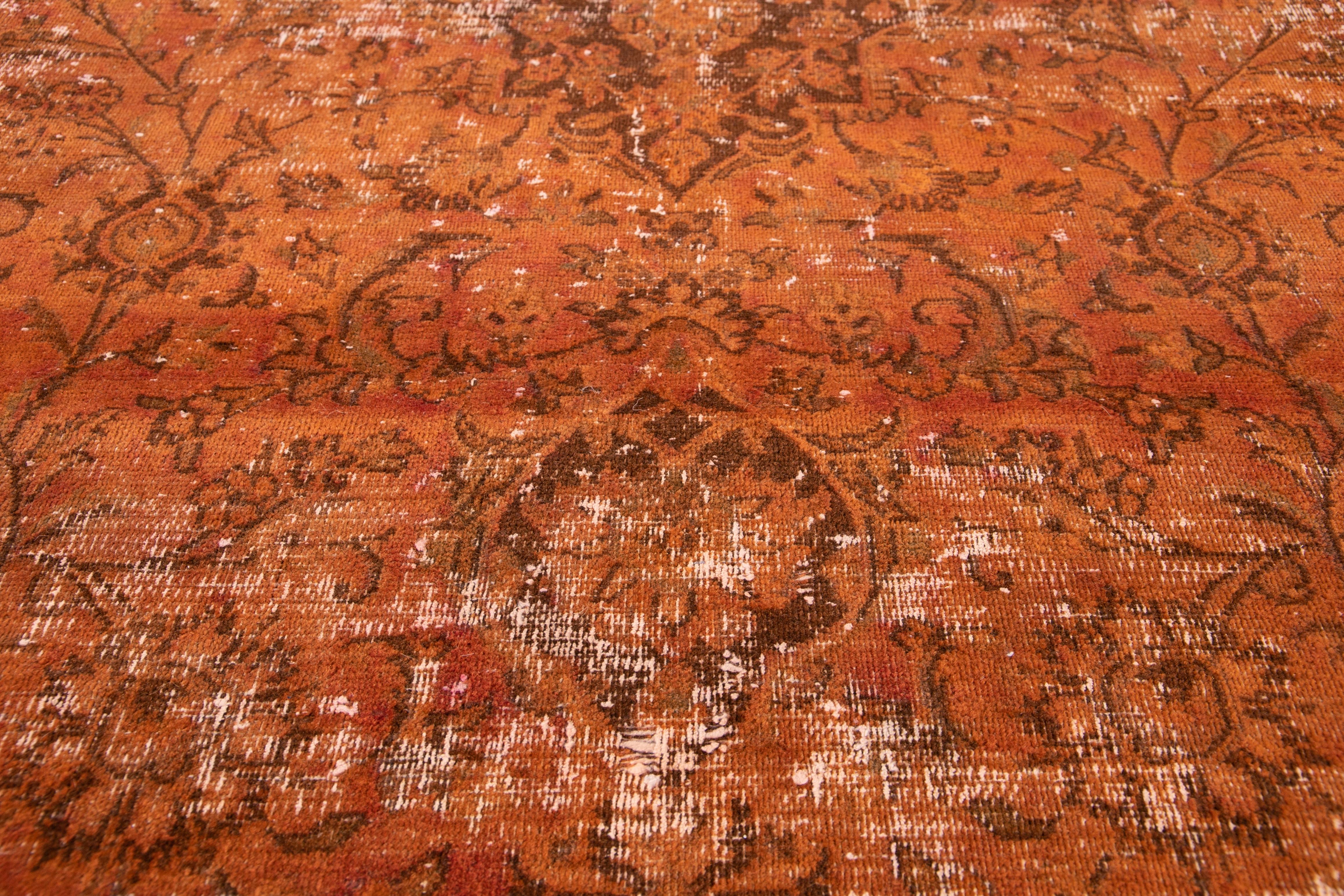 Persian Vintage Overdyed Orange Room Size Wool Rug. 9'9