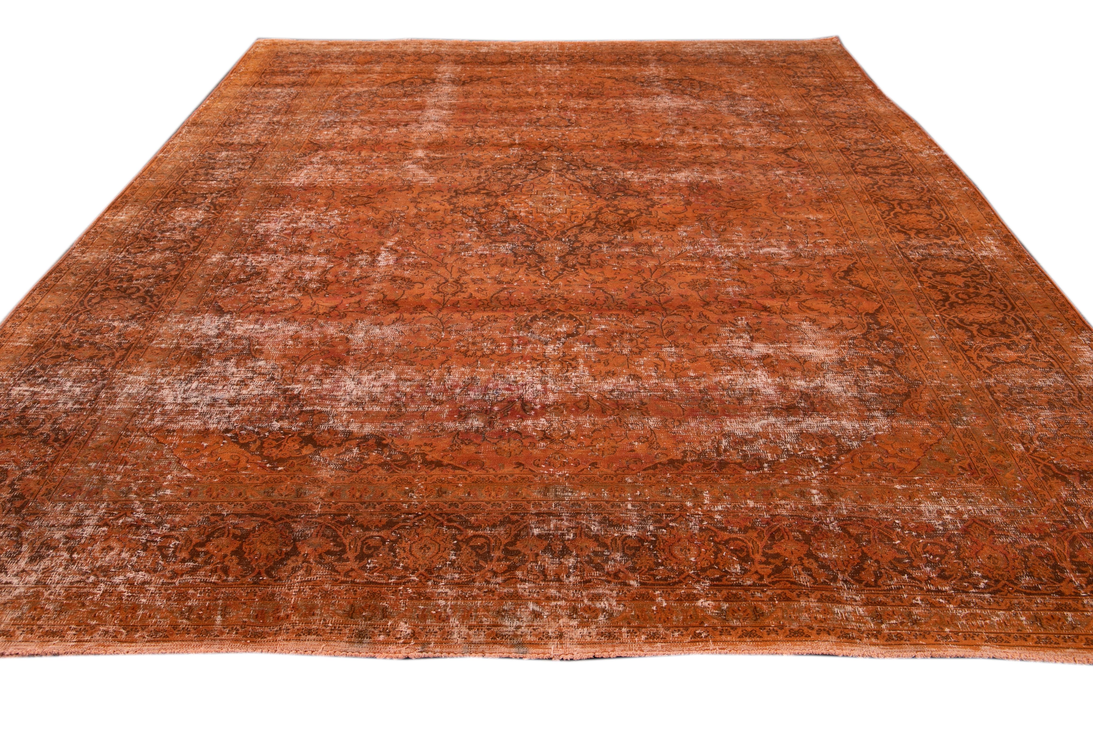 Hand-Knotted Vintage Overdyed Orange Room Size Wool Rug. 9'9